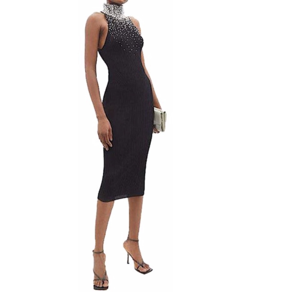 Balmain Black Midi Dress with Embellished Pearl High Neck